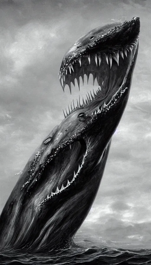 Prompt: a pentax photograph of a monstrous horror whale, sharp teeth, giant mouth, dark fantasy horror art