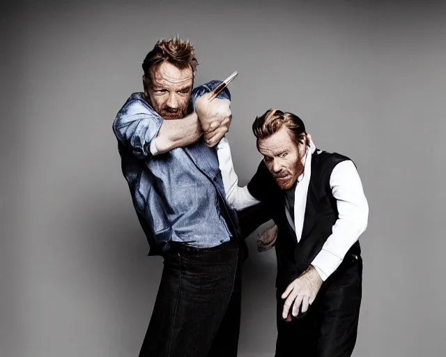 Image similar to Bryan Cranston fighting Ewan McGregor, HD photoshoot, professional lighting