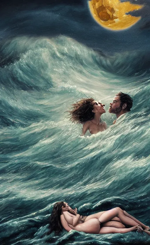 Prompt: amazing detailed painting of a monstrous werewolf and woman laying and kissing passionately in a turbulent ocean under a hull moon, by francis bacon. waves and come cover them. sensual. hd. hq. powerful brustrokes. trending on artstation. photorealistic
