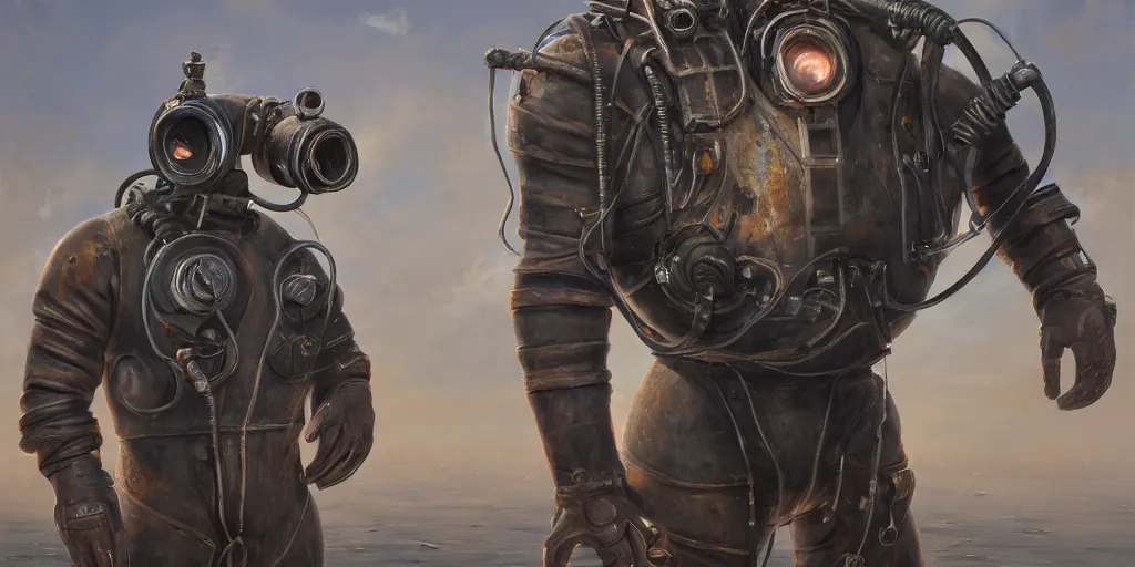 Image similar to highly detailed portrait painting of welder stallone in atmospheric diving suit, mono eyed, by eddie mendoza and tyler edlin, windows, 8 k resolution