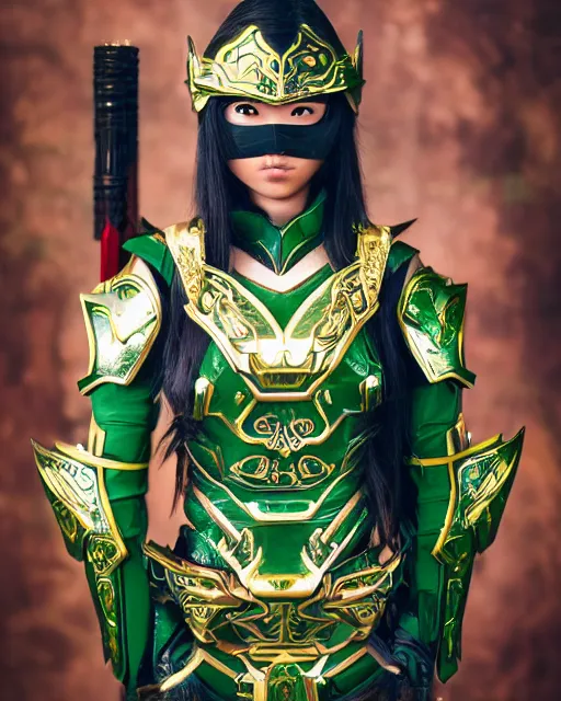 Image similar to a beautiful Asian elf ranger with long hair and green eyes, no helmet, wearing green and gold futuristic mecha armor, with ornate rune carvings and glowing lining and weapons , very detailed, shot in canon 50mm f/1.2