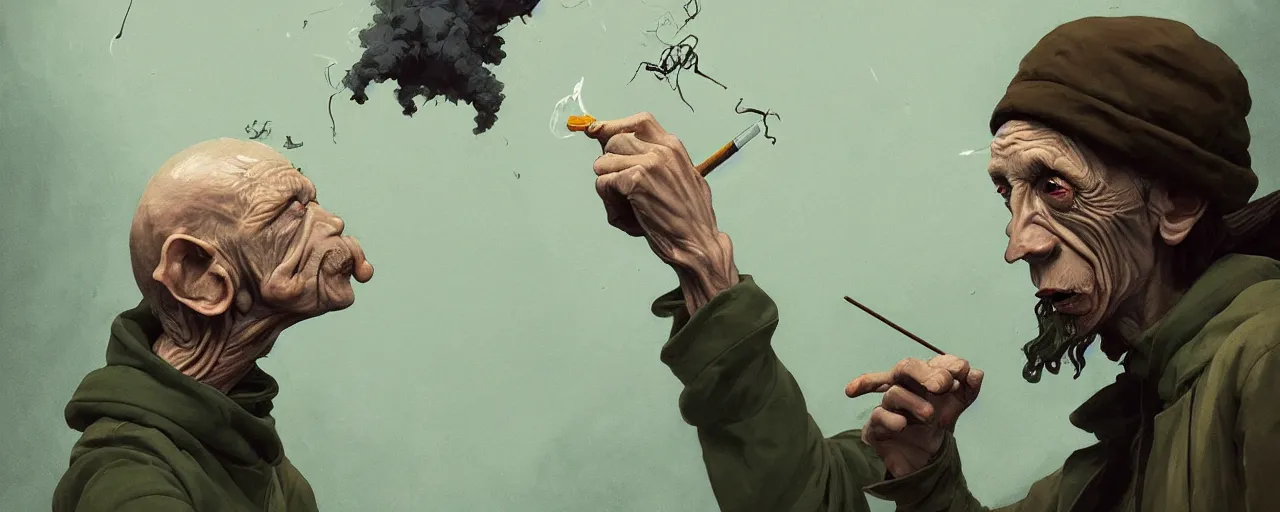 Image similar to duotone olive illustration 3 / 4 portrait of gollum smoking joints with gandalf symmetric composition accidental renaissance golden ratio. by sachin teng and sergey kolesov and ruan jia and heng z. graffiti art, scifi, fantasy, hyper detailed. octane render. concept art. trending on artstation