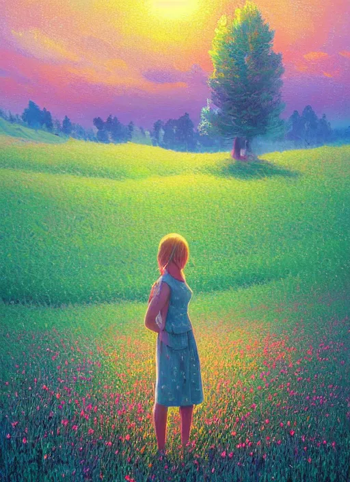 Image similar to girl with flower dress, standing in a field with floating flowers, hills, big trees, sunrise dramatic light, impressionist painting, colorful clouds, digital painting, pointillism, artstation, simon stalenhag