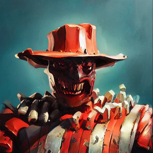 Image similar to greg manchess portrait painting of partially armored freddy krueger as overwatch character, medium shot, asymmetrical, profile picture, organic painting, sunny day, matte painting, bold shapes, hard edges, street art, trending on artstation, by huang guangjian and gil elvgren and sachin teng