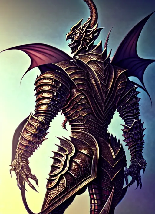 Image similar to muscular and tall humanoid dragon!!!! draconian!! intricate ornate iridescent heavy armor!! character concept art, sharp focus, octane render! unreal engine 5! highly rendered!! trending on artstation!! detailed linework!! illustration by artgerm, wlop, and chie yoshii