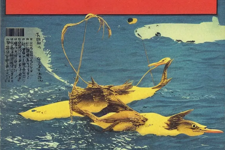 Image similar to 1 9 7 9 omni magazine cover of japanese cormorant fishing near tokyo. art in cyberpunk style by dali, and vincent di fate