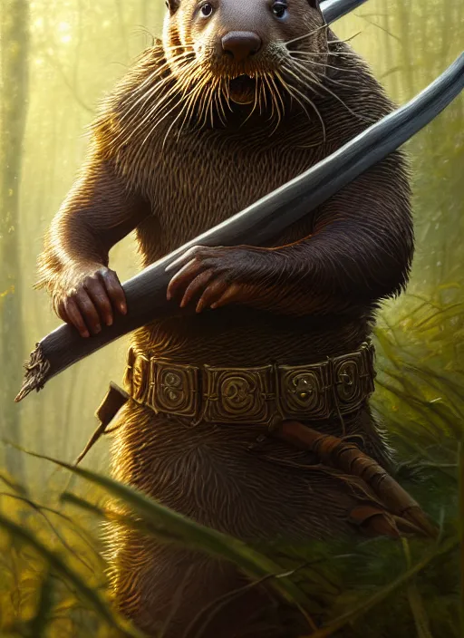 Image similar to a film still portrait of a otter warrior, finely detailed features, cinematic lighting, perfect art, brian jacques redwall woodland, forest, intricate, artstation, trending on pixiv fanbox, painted by brian jacques greg rutkowski, studio ghibli, fantasy, 4 k