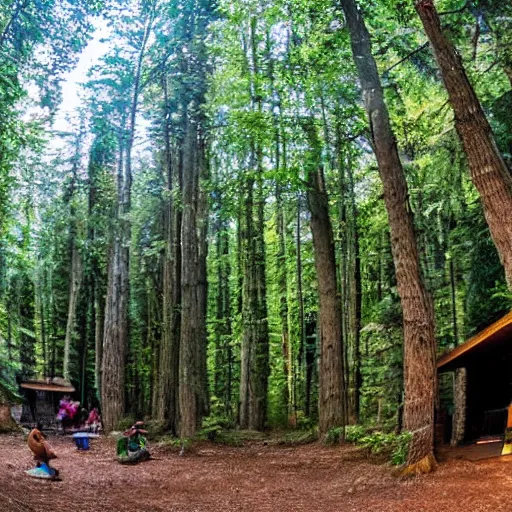 Image similar to wild rave at a beatiful woodland cabin