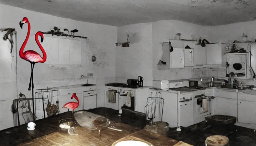 Image similar to flamingos in a stalinist style kitchen, by mini dv camera, very very low quality, heavy grain, very blurry, accidental flash, caught on trail cam