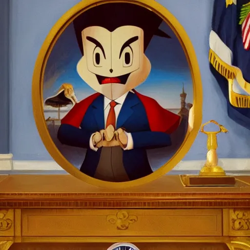 Image similar to president ash ketchum, ash ketchum presidential portrait, oval office painting. official portrait, oil on canvas. realism. retouched face