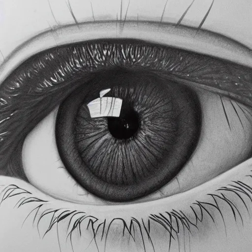 Image similar to ultra detailed ultra realistic pencil drawing of a human eye looking in a mirror