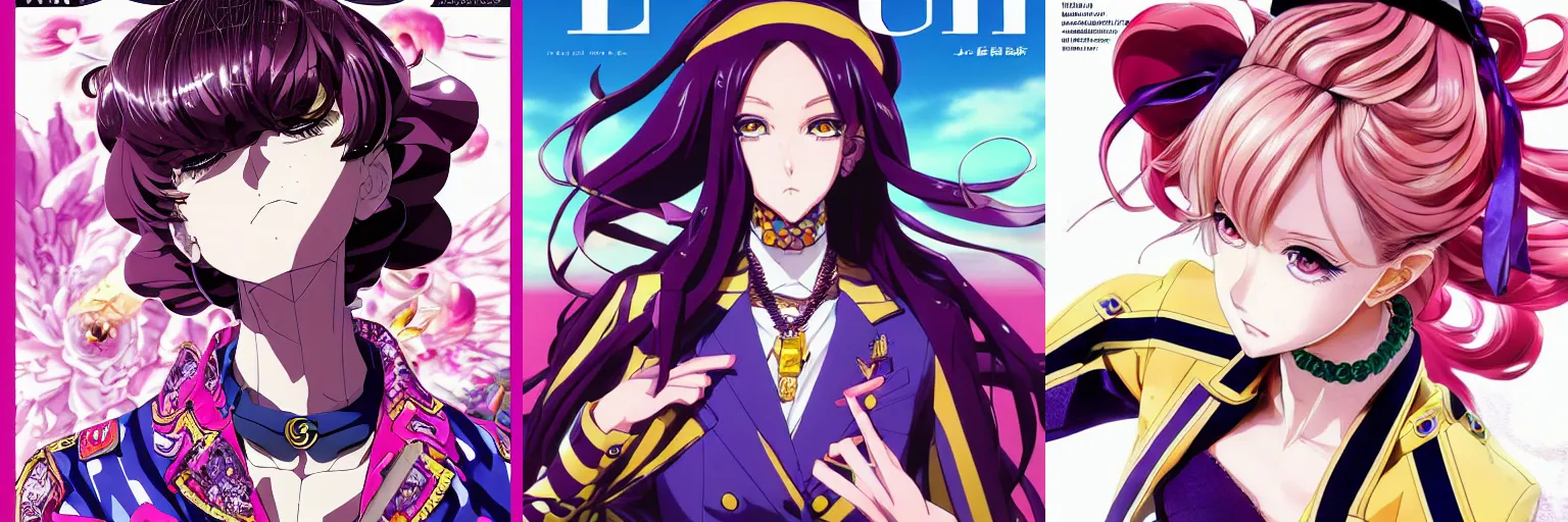 Image similar to Magazine Cover Anime key visual of a Gucci girl; official media; typography; drawn by Hirohiko Araki; Jojo's Bizarre Adventure; Jojolion, portrait, made by Stanley Artgerm Lau, WLOP, Rossdraws, James Jean, Andrei Riabovitchev, Marc Simonetti, Yoshitaka Amano, ArtStation