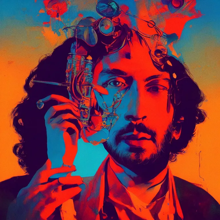 Prompt: duotone trippy 1 9 6 0 s lsd concept illustration portrait of a hippy rock musician. cinematic scene. volumetric lighting. golden ratio accidental renaissance. by sachin teng and sergey kolesov and ruan jia and heng z. graffiti art, scifi, fantasy, hyper detailed. octane render. concept art. trending on artstation.