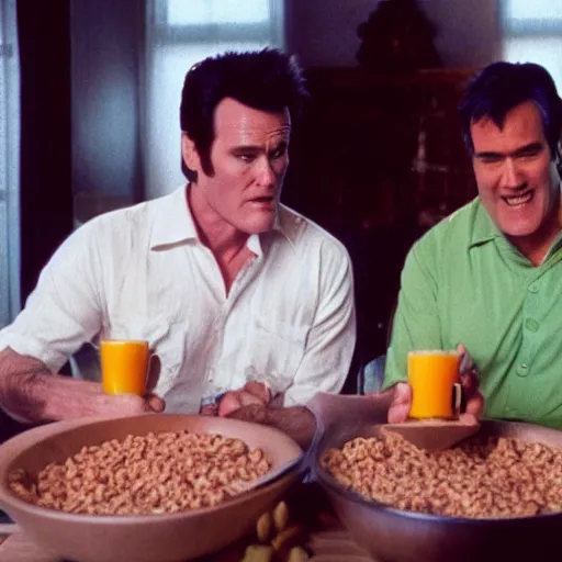 Prompt: a cinematic shot of Jim Carrey & Bruce Campbell eating from a bowl of cereal, cinematic, film grain, 8k