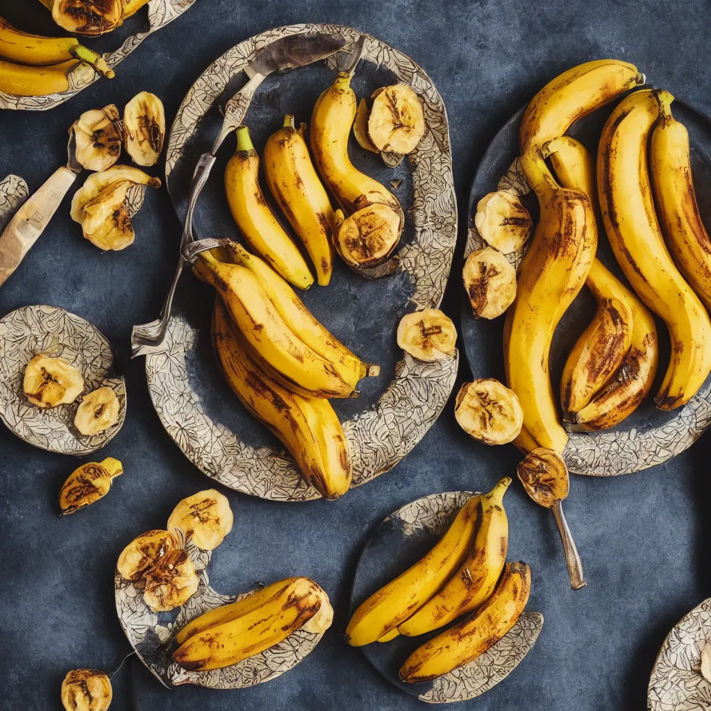 Image similar to roasted bananas with decorative orange skin, in designer plate with flowery pattern, closeup, hyper real, food photography, high quality