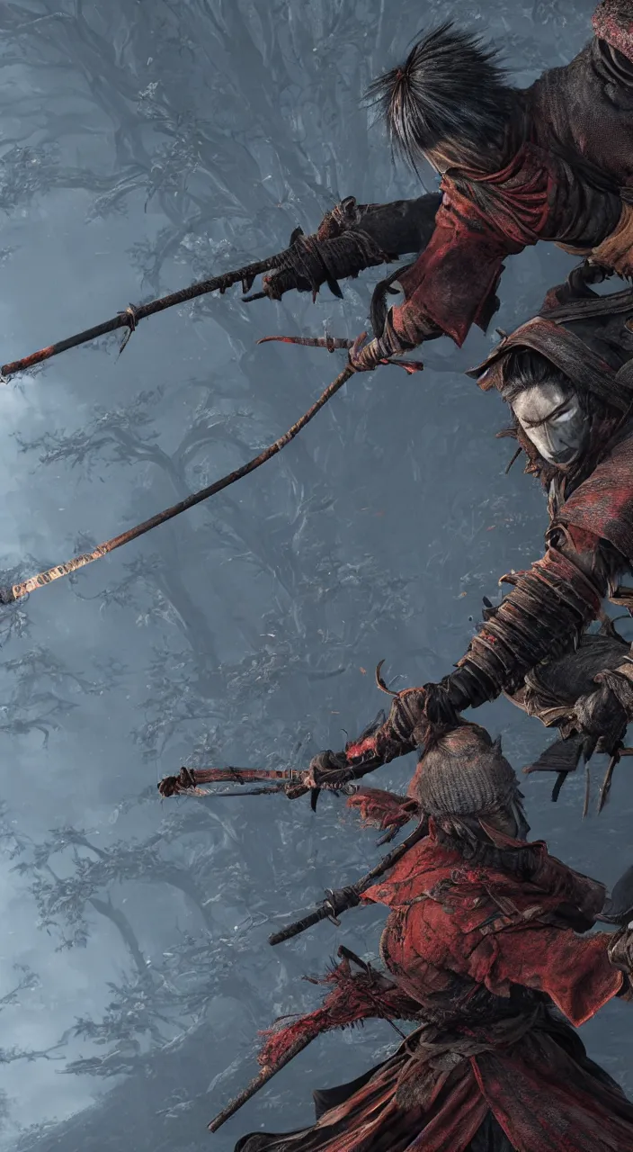 Image similar to sekiro in Bloodborne world, concept art, 8k