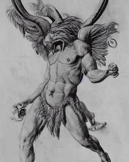 Image similar to human / eagle / lion / ox hybrid with two horns, one big beak, mane, human body. drawn by francis bacon