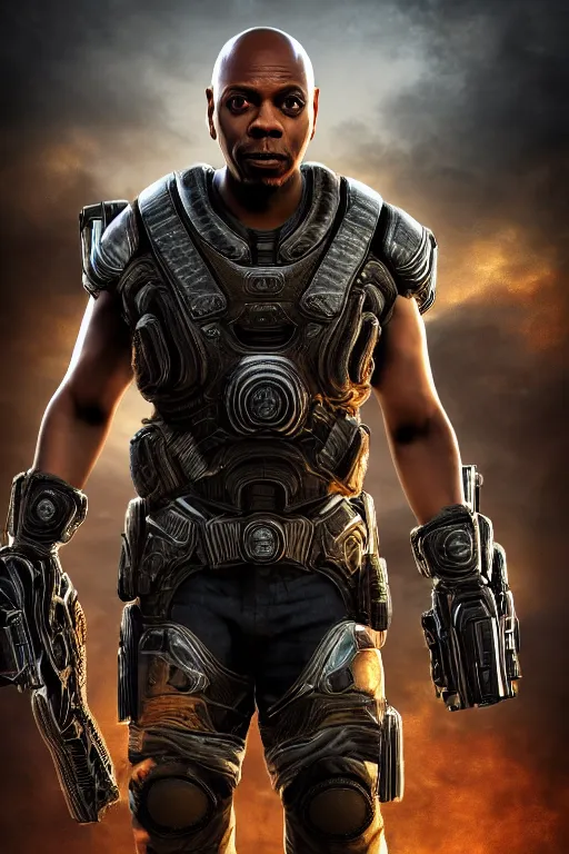 Prompt: Dave Chappelle as a Gears of War character, photorealism, half body, HDR ambient background, unreal engine 5, hyperrealistic, highly detailed, XF IQ4, 150MP, 50mm, F1.4, ISO 200, 1/160s, cinematic lights, Adobe Lightroom, photolab, Affinity Photo, PhotoDirector 365, realistic