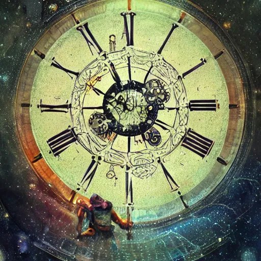 Prompt: Mechanical gear,Rose twining,Giant clock,prayer,out of time and space,dreamy, eternity, romantic, epic, artstation, highly detailed, in the style of Monet