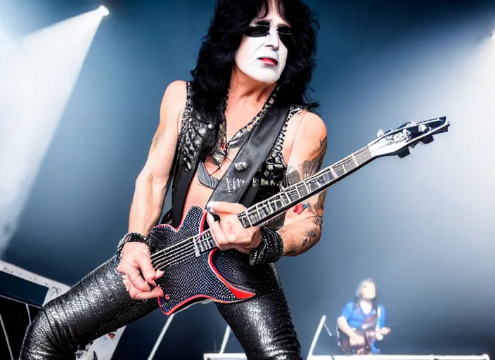 Prompt: photo still of paul stanley on stage at vans warped tour!!!!!!!! at age 4 8 years old 4 8 years of age!!!!!!!! shredding on guitar, 8 k, 8 5 mm f 1. 8, studio lighting, rim light, right side key light
