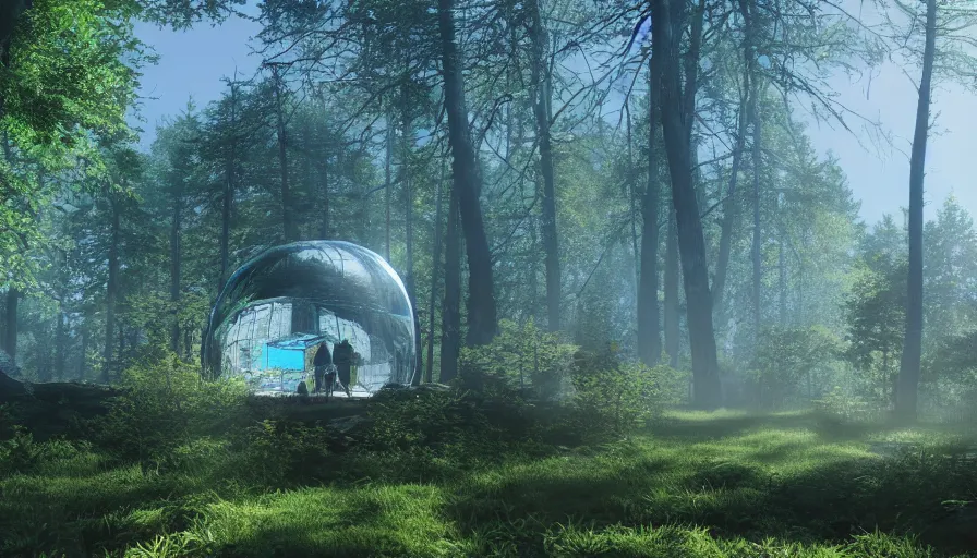 Prompt: giant blue glass dome built in german forest, sunny day, volumetric light, hyperdetailed, artstation, cgsociety, 8 k