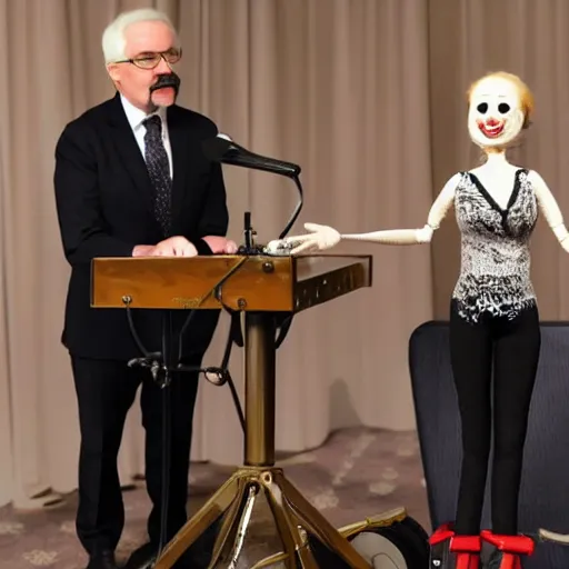 Image similar to president marionette with puppeteer in a podium giving a press conference