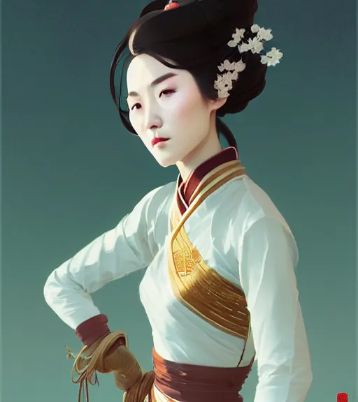 Image similar to portrait of a chinese female immortal in amazing chinese dress 汉 服 by atey ghailan, by greg rutkowski, by greg tocchini, by james gilleard, by joe fenton, by kaethe butcher, dynamic lighting, gradient light blue, brown, blonde cream and white color scheme, grunge aesthetic