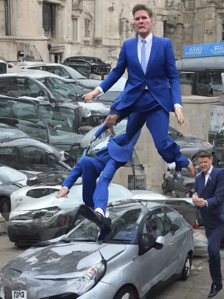 Image similar to Sir Kier Starmer wearing a blue suit jumping on top of a toyota yaris