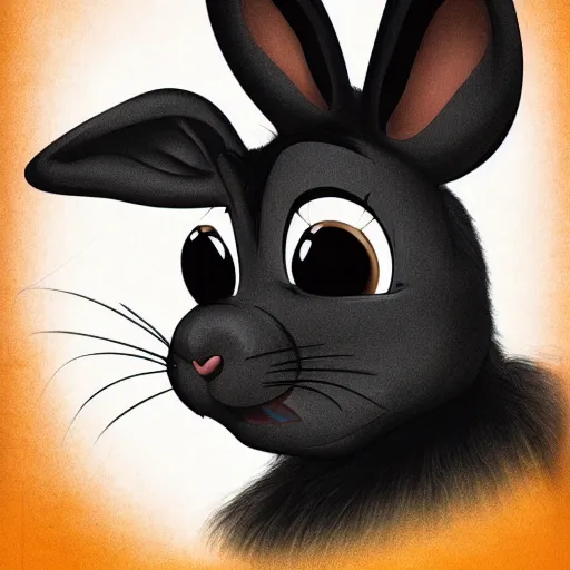 Image similar to A extremely highly detailed majestic hi-res beautiful, highly detailed head and shoulders portrait of a scary terrifying, horrifying, creepy black cartoon rabbit with scary big eyes, laughing and standing up wearing pants and a shirt in the style of Walt Disney