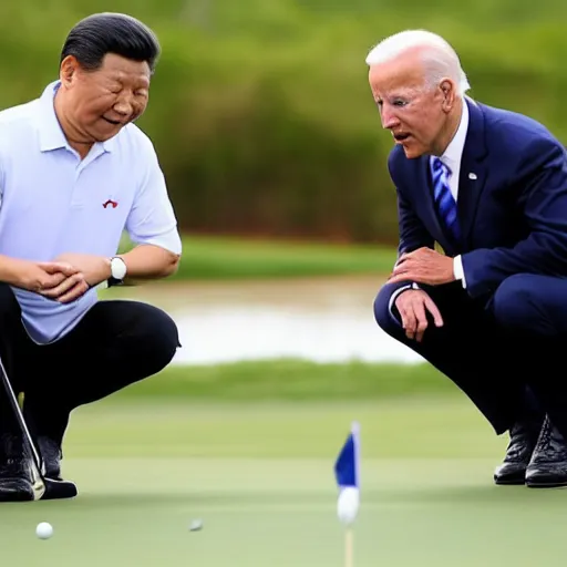 Prompt: xi jingping hits a putt while joe biden tends the flag