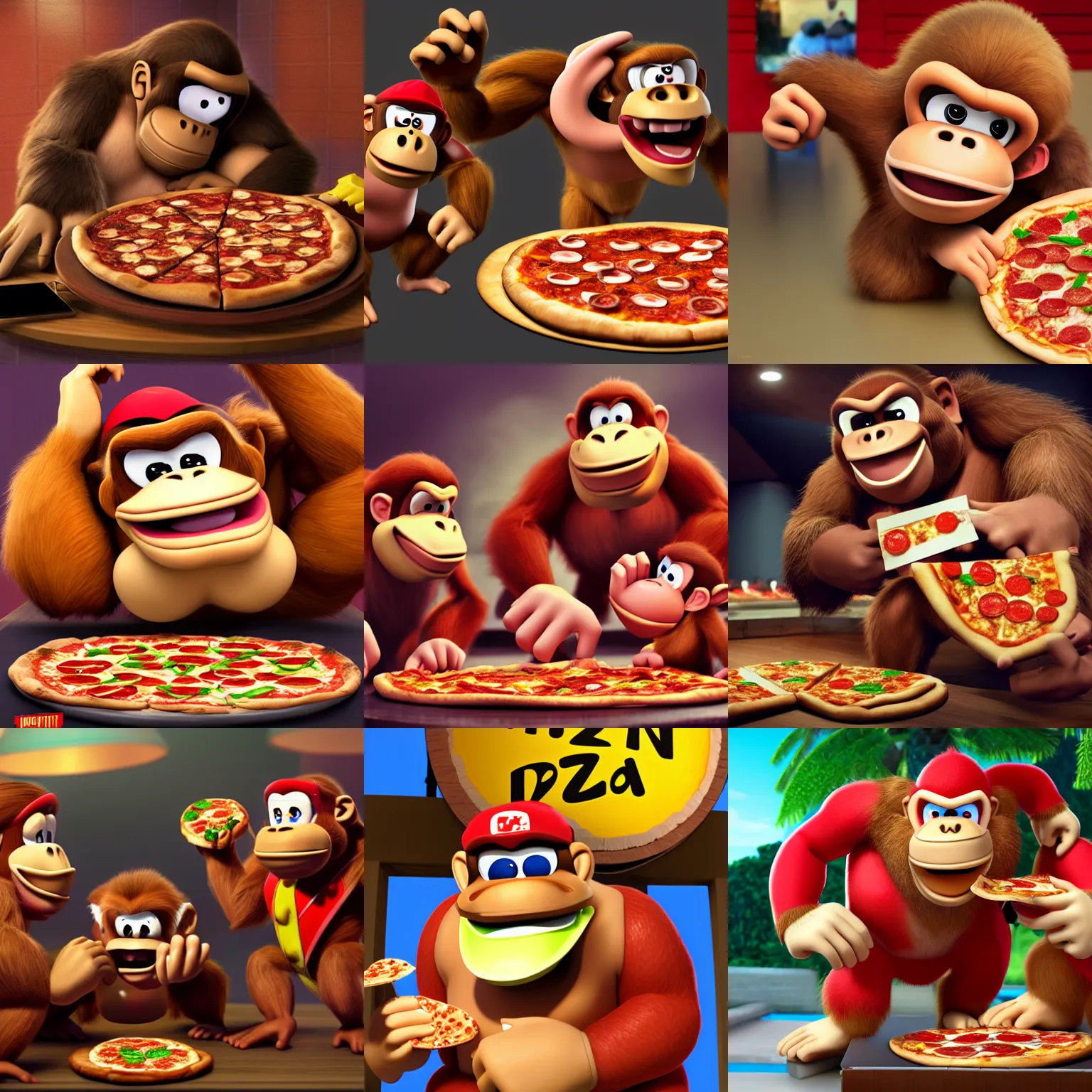 Prompt: donkey kong eating pizza at pizza hut, photorealistic, artstation, 8k