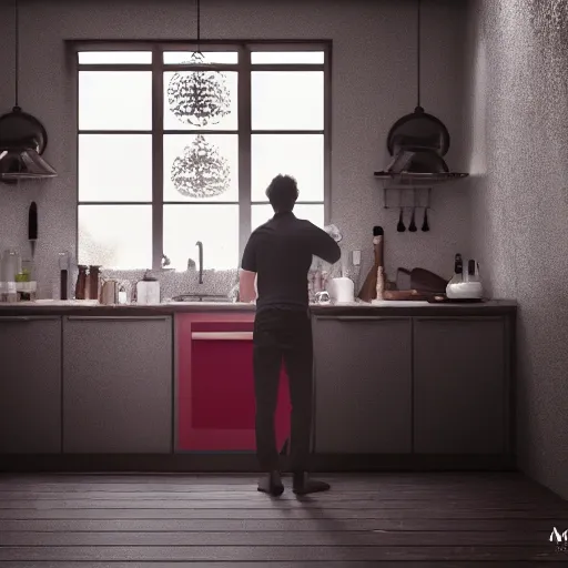 Prompt: man standing in kitchen late at night drinking red wine, realistic artstyle, wide shot, dramatic lighting, octane render, hyperrealistic, high quality, highly detailed, hd, beautiful, cinematic, 8 k, unreal engine, facial accuracy, symmetrical