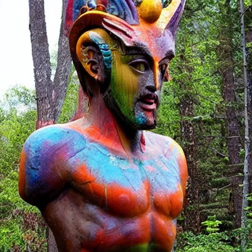 Prompt: colorful fantasy sculpture of Greek alien god made of stone places in the woods