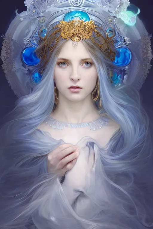 Image similar to portrait of white ghost, fantasy, gradient white blue grey, dreamy and ethereal, blue eyes, golden ratio, peaceful expression, ornate frilly dress, fantasy, intricate, elegant, rainbow bubbles, highly detailed, digital painting, artstation, concept art, smooth, b sharp focus, illustration, art by artgerm and greg rutkowski and alphonse mucha