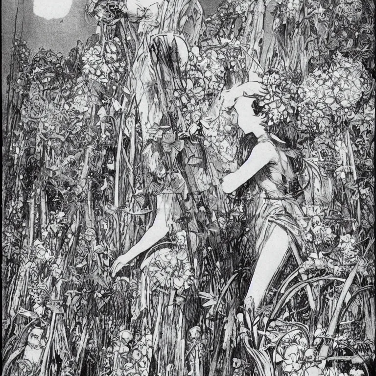 Prompt: a walther caspari illustration in lustige blatter in 1 8 9 9 of a young goddess peering from behind an enormous conical pile of skulls with huge flowers on tall stalks behind her, manga style of kentaro miura
