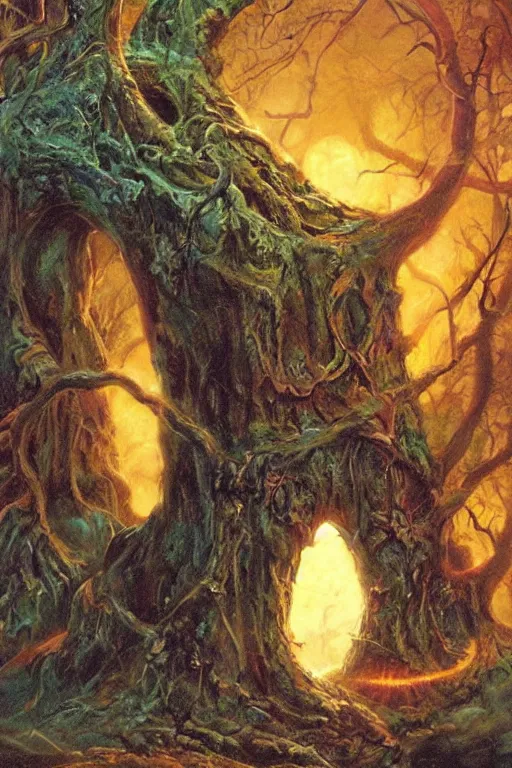 Prompt: a glowing portal to the underworld in a big old tree, concept art by boris vallejo