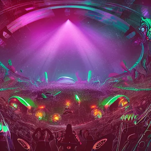 Prompt: a big concert in an alien planet, weird creatures, alien scenery, lots of people, big lights, volumetric, concert lights wide angle lens, digital art