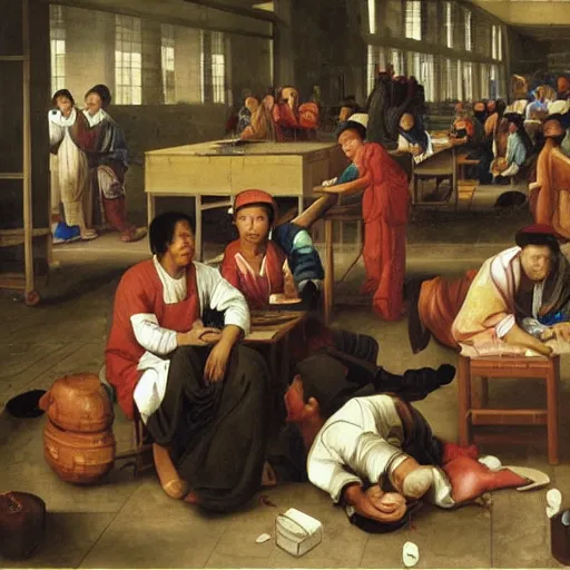 Prompt: renaissance oil painting of exploited chinese workers in an iphone manufacturing plant