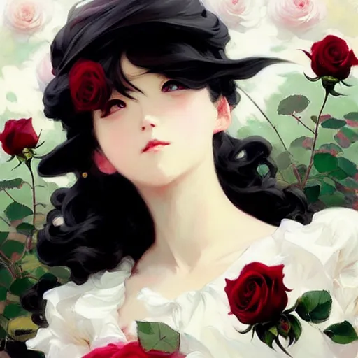 Image similar to beautiful rose anime white - hair girl in elegent black dress, laying on roses, krenz cushart, mucha, ghibli, by joaquin sorolla rhads leyendecker, by ohara koson