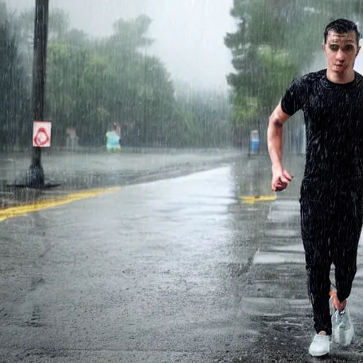 Prompt: a handsome young man working out in the rain, cyborg, photo, cybernetic implants