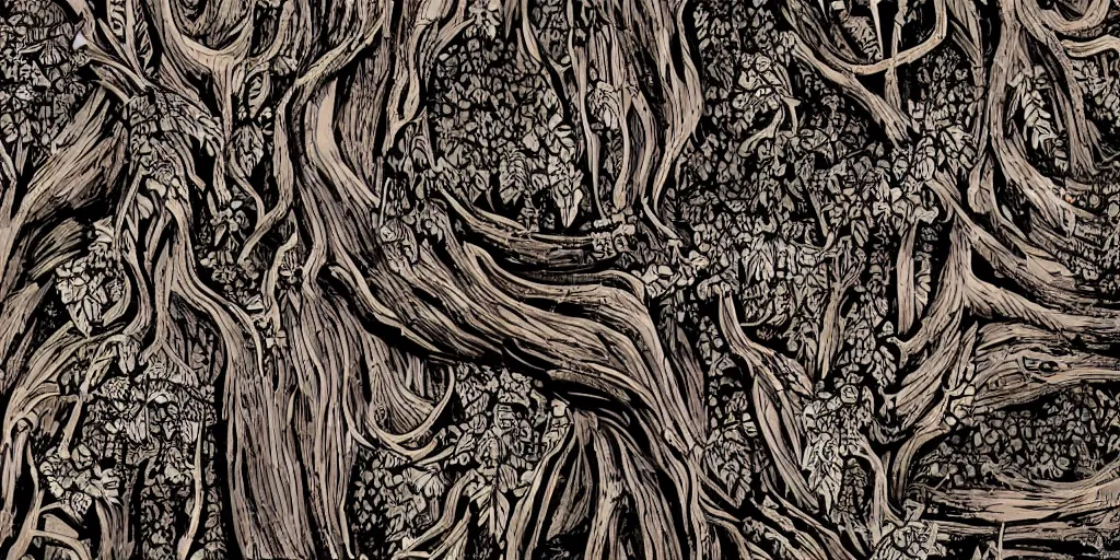 Image similar to rotten woods, fairytale style, intricate details, dark sky background