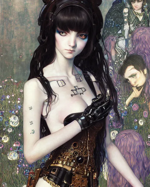 Image similar to portrait of cute beautiful young gothic maiden, cyberpunk, Warhammer, highly detailed, artstation, illustration, art by Gustav Klimt and Range Murata