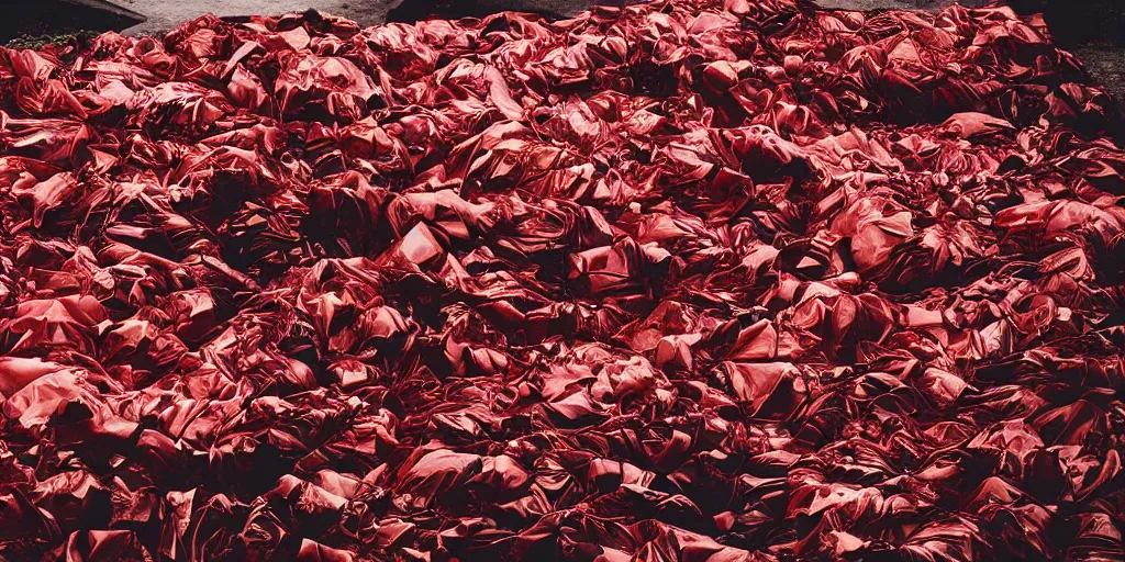 Prompt: photography of a mountain of red garbage bags full of color leds, photography by Annie Leibovitz and david lachapelle, photography award winning, rule of thirds, golden ratio, phi