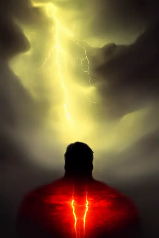 Image similar to a hulking human male silhouette in the darkness, his eyes glowing red, roiling stormclouds overhead,. atomospheric, artgerm, in the style of turner, high detail, 8 k resolution,