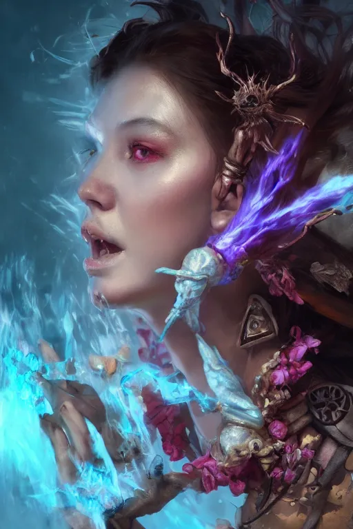 Image similar to face closeup of beautiful girl necromancer, witch - doctor exploding into flowers, angels, 3 d render, hyper - realistic detailed portrait, holding fire and electricity, ruan jia, wlop. scifi, fantasy, magic the gathering, hyper detailed, octane render, concept art, peter mohrbacher