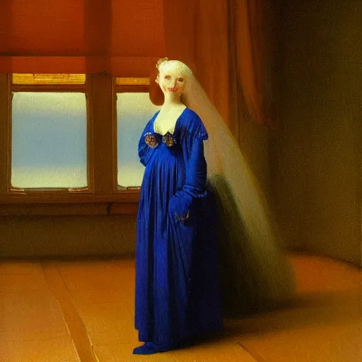 Prompt: a young woman's face, her hair is titanium white and she wears an cobalt blue satin cloak, by ivan aivazovsky and syd mead and moebius and gaston bussiere and roger dean and pieter claesz and paul delaroche and alma tadema and aelbert cuyp and viktor vasnetsov, hyperrealistic, volumetric light, octane render