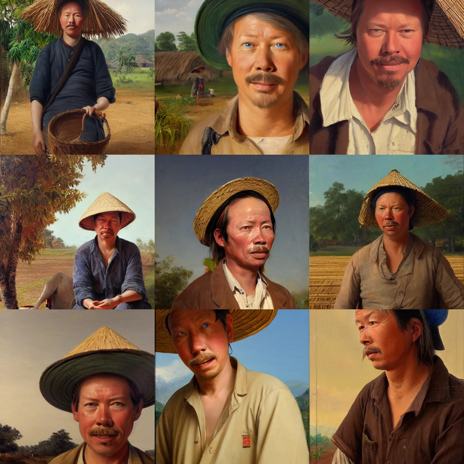 Prompt: portrait of david spade as a vietnamese farmer sweating under the hot sun, oil on canvas painting, oil on canvas by william sidney mount - 1 8 3 3, trending on artstation