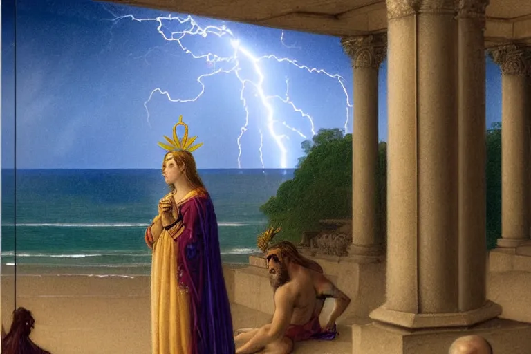 Prompt: Occult spirit on front of balustrade and palace columns, refracted lightnings on the ocean, thunderstorm, tarot cards characters, beach and Tropical vegetation on the background major arcana sky and occult symbols, by paul delaroche, hyperrealistic 4k uhd, award-winning, very detailed paradise