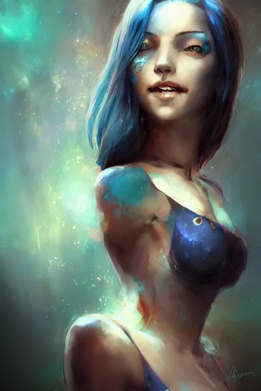 Prompt: beautiful smiling woman with short blue hair by bastien lecouffe - deharme, colorful, gorgeous, woman, 4 k very - detailed, high - quality portrait, deviantart, artstation trending