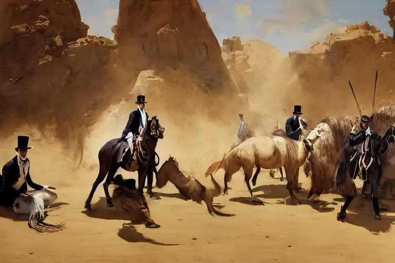 Image similar to portrait of a respectable dignified royal business elite politicians in top hats and coat tails riding on ostriches in the sahara desert throwing vanilla icecream cones at each other, art by anders zorn, wonderful masterpiece by greg rutkowski, beautiful cinematic light, american romanticism by greg manchess, jessica rossier